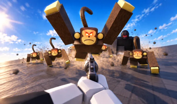 Survive a Million Monkeys first-person gameplay: blocky monkeys charging the player across an open island